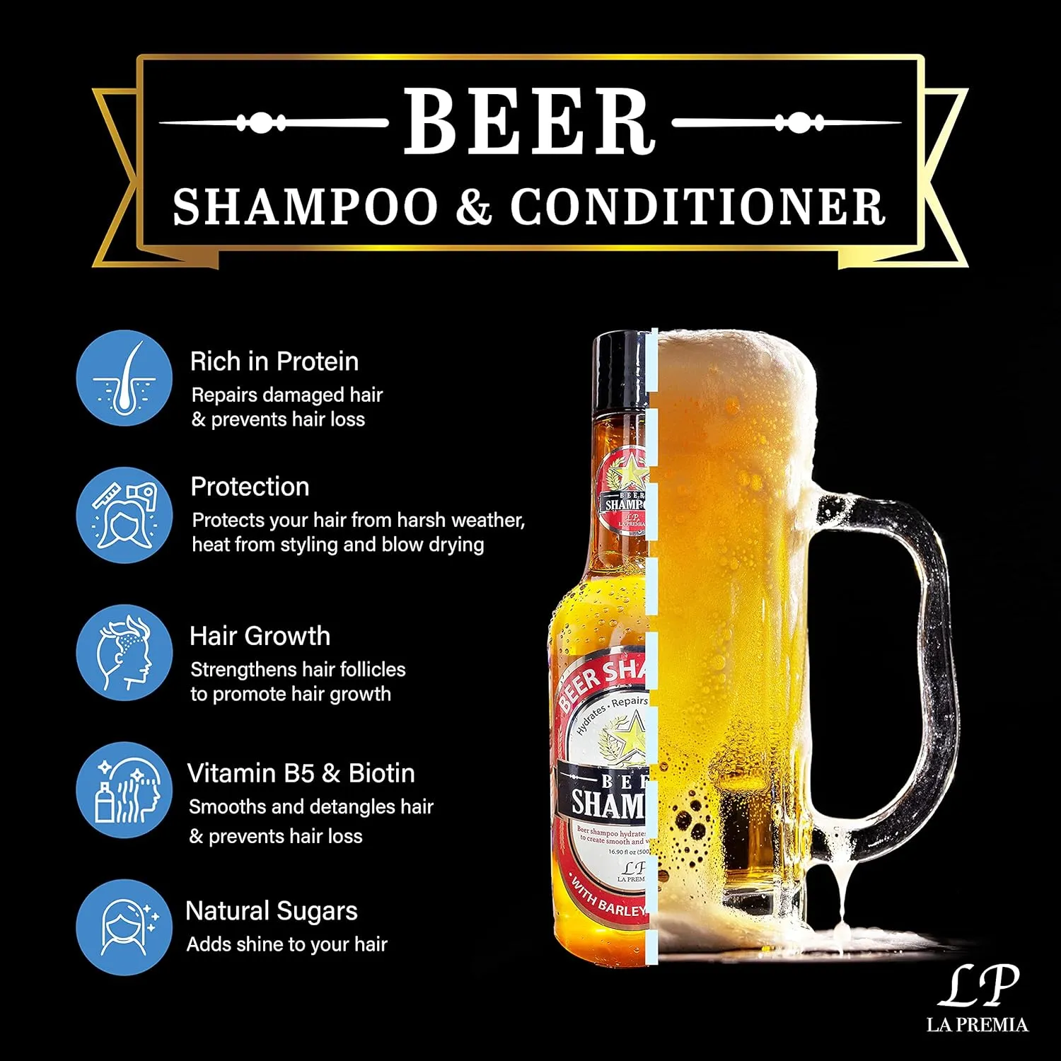 Beer Shampoo & Conditioner for Damage Free Hair - Original Yeast with Natural Ingredients, Biotin, Vitamin B5, For Men & Women, Cruelty Free, 16.90 fl oz