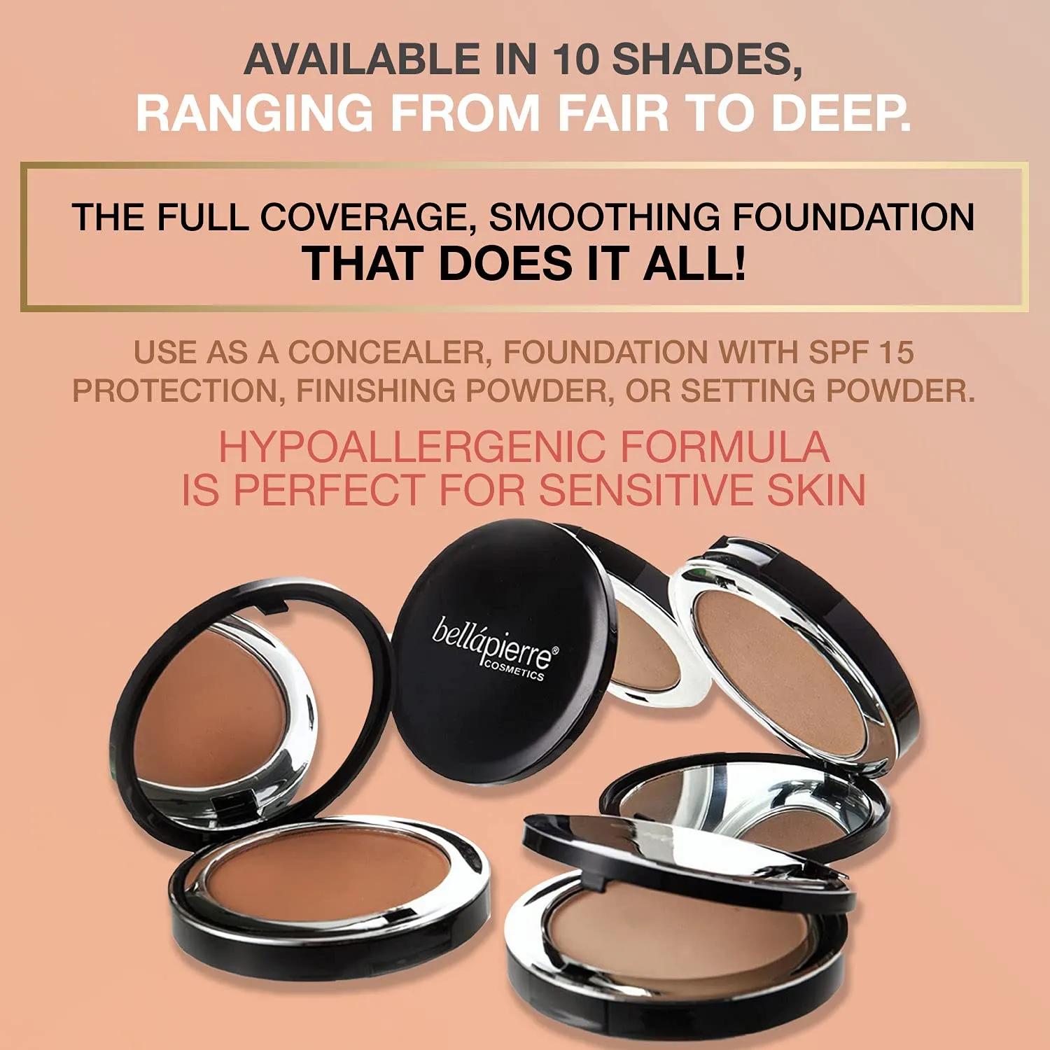 bellapierre Compact Mineral Foundation SPF 15 | Vegan & Cruelty Free Natural Makeup | Full Coverage Matte Foundation | Hypoallergenic | Oil & Talc Free - 0.35 Oz - Café