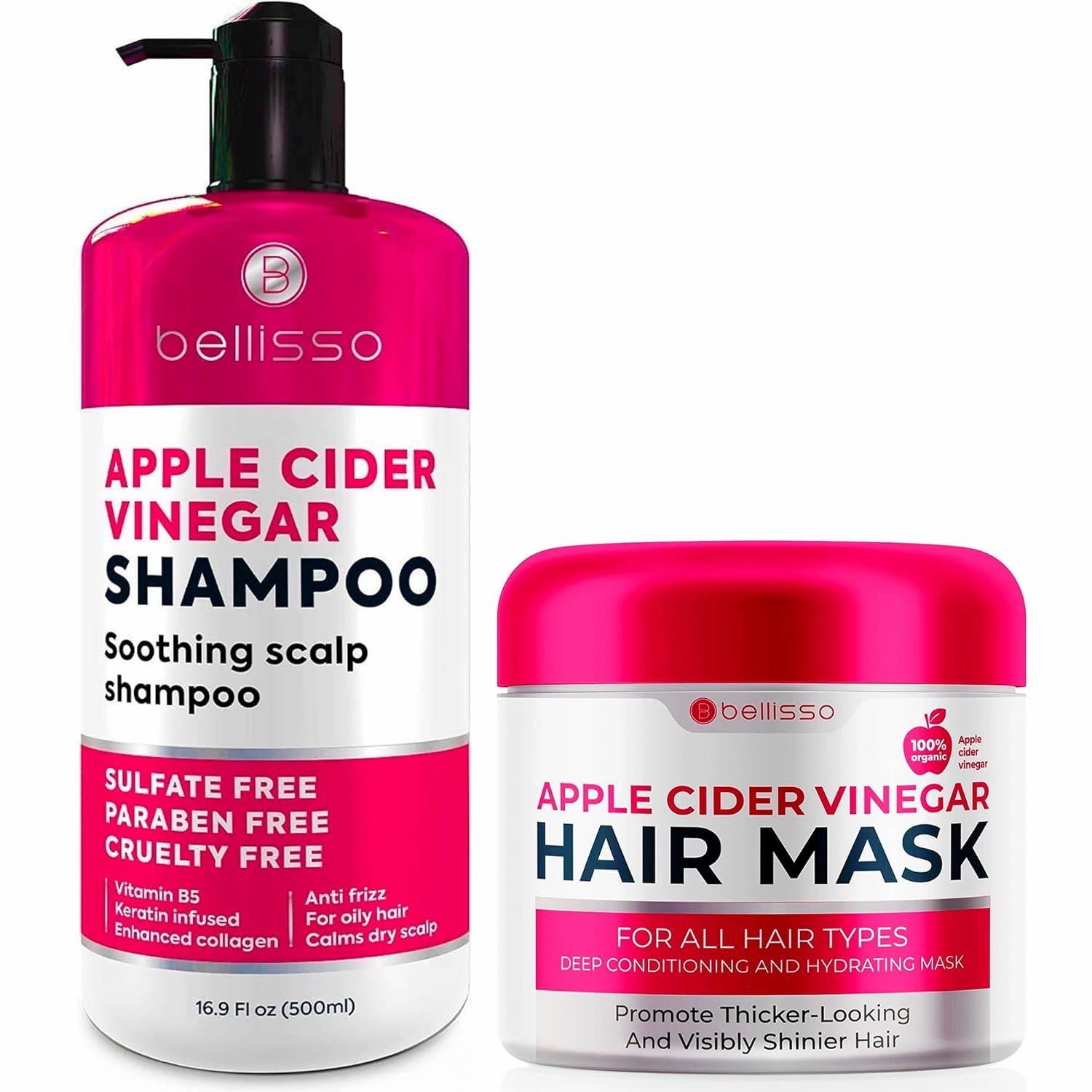 BELLISSO Apple Cider Vinegar Shampoo and Apple Cider Vinegar Hair Conditioner Mask