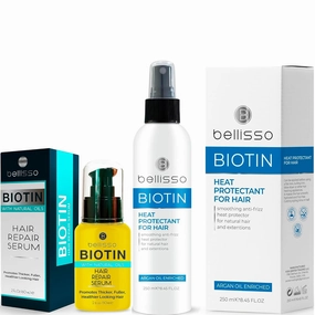 BELLISSO Biotin Hair Thickening Serum and Biotin Heat Protectant Spray for Hair with Moroccan Argan Oil