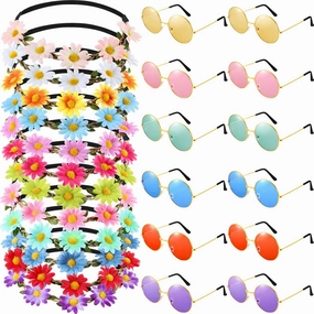 Bememo 24 Pieces Hippie Headband Glass Costume Set 70s 60s Accessories for Women, Includes 12 Flower Headbands Crowns, 12 Round Groovy Sunglasses for Hippie Disco Halloween Party Supplies
