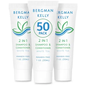 Bergman Kelly - Travel Size 2 in 1 Shampoo & Conditioner - 1 fl oz, 50 PK, White Tea - Delight Your Guests w/Revitalizing & Refreshing Shampoo Amenities - Quality Small Size Hotel Toiletries in Bulk