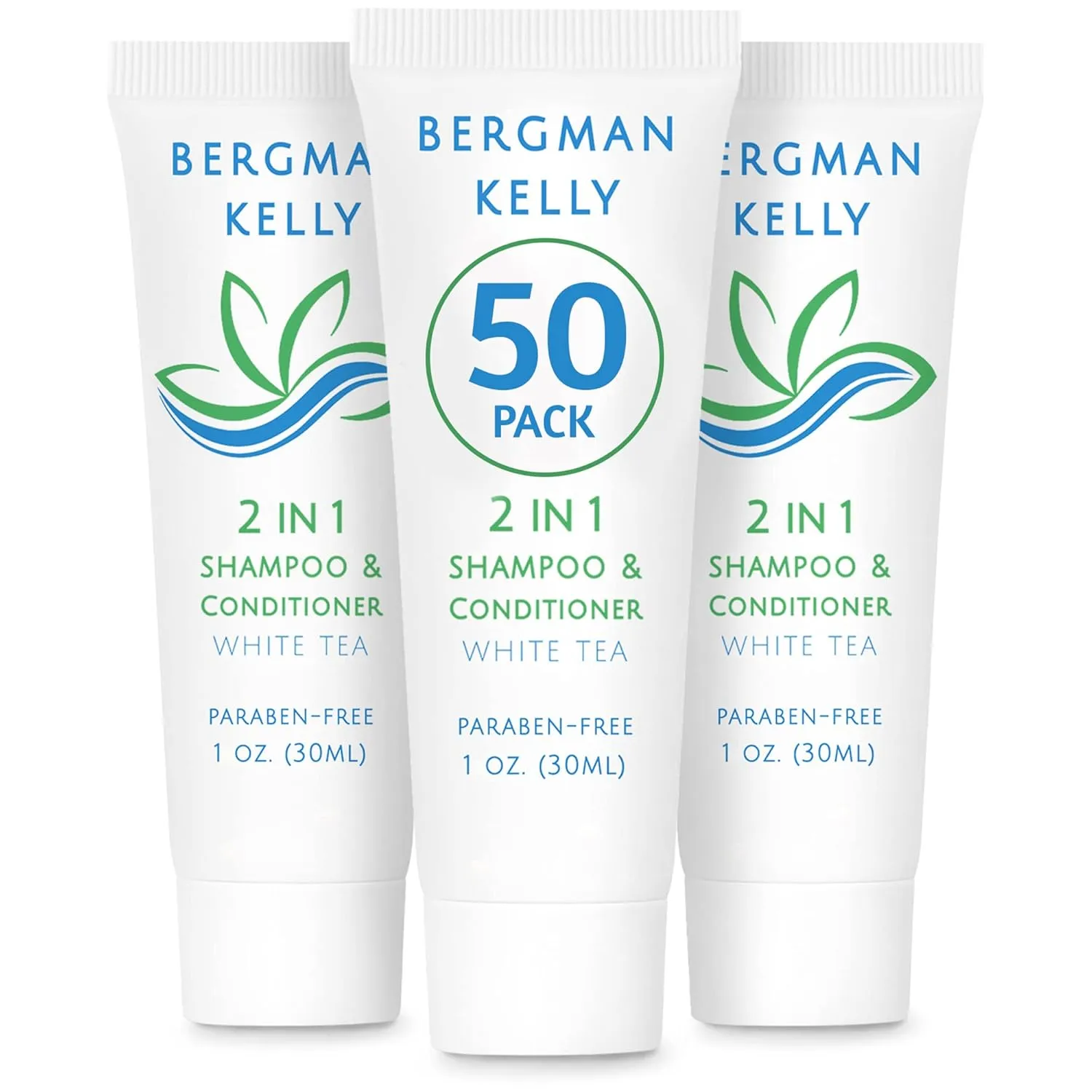 Bergman Kelly - Travel Size 2 in 1 Shampoo & Conditioner - 1 fl oz, 50 PK, White Tea - Delight Your Guests w/Revitalizing & Refreshing Shampoo Amenities - Quality Small Size Hotel Toiletries in Bulk