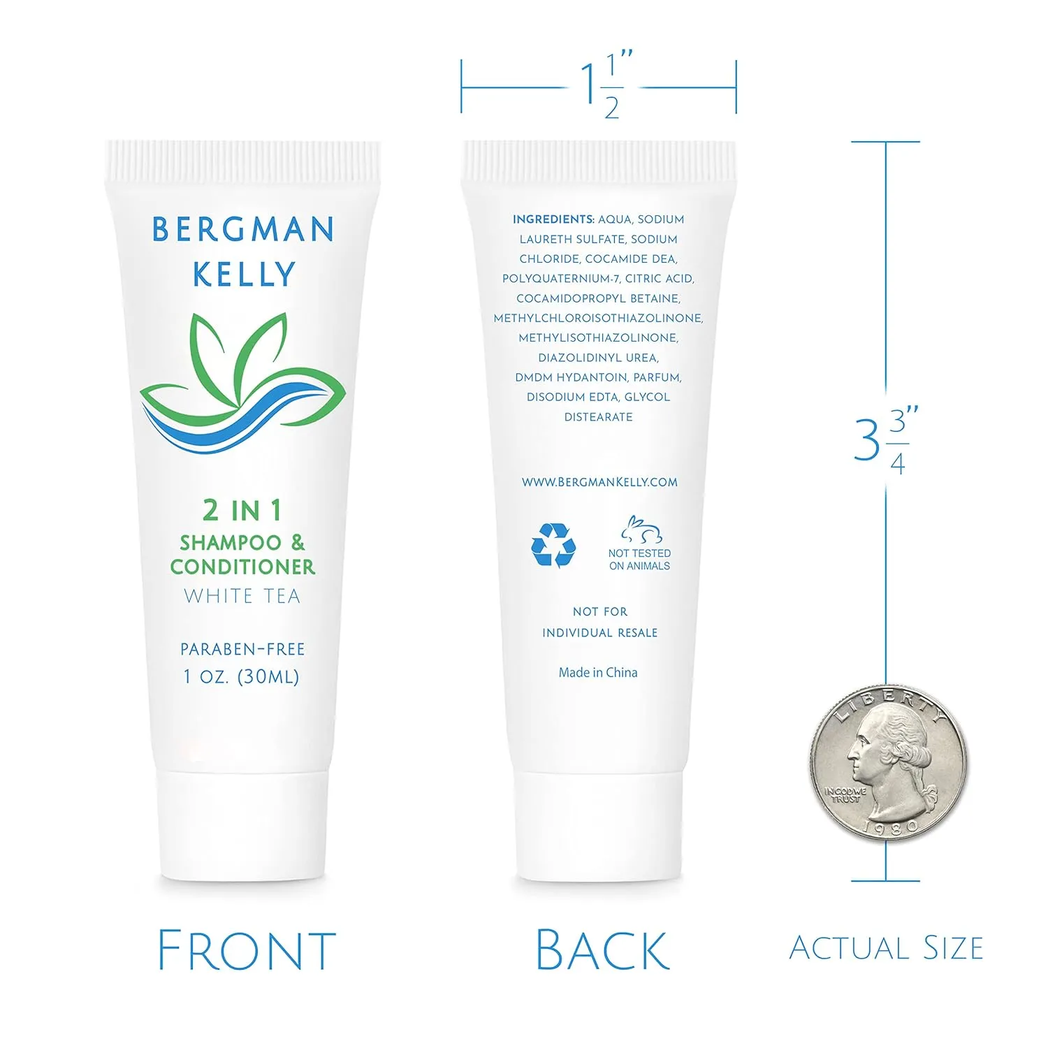 Bergman Kelly - Travel Size 2 in 1 Shampoo & Conditioner - 1 fl oz, 50 PK, White Tea - Delight Your Guests w/Revitalizing & Refreshing Shampoo Amenities - Quality Small Size Hotel Toiletries in Bulk