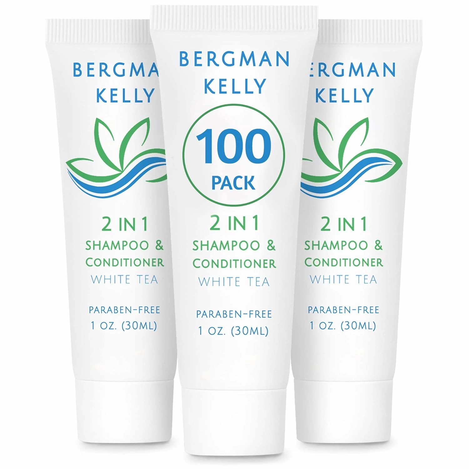 BERGMAN KELLY - Travel Size 2 in 1 Shampoo & Conditioner - 1 fl oz, 100 PK, White Tea - Delight Your Guests w/Revitalizing & Refreshing Shampoo Amenities, Quality Small Size Hotel Toiletries in Bulk