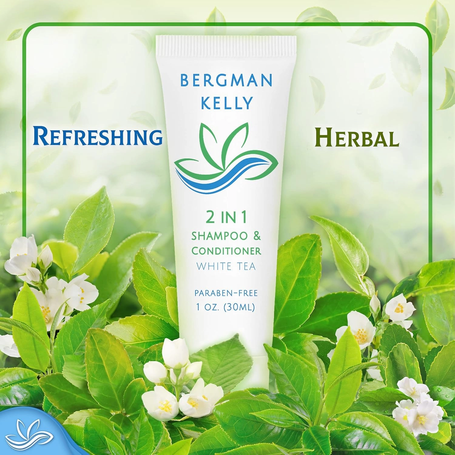 BERGMAN KELLY - Travel Size 2 in 1 Shampoo & Conditioner - 1 fl oz, 100 PK, White Tea - Delight Your Guests w/Revitalizing & Refreshing Shampoo Amenities, Quality Small Size Hotel Toiletries in Bulk