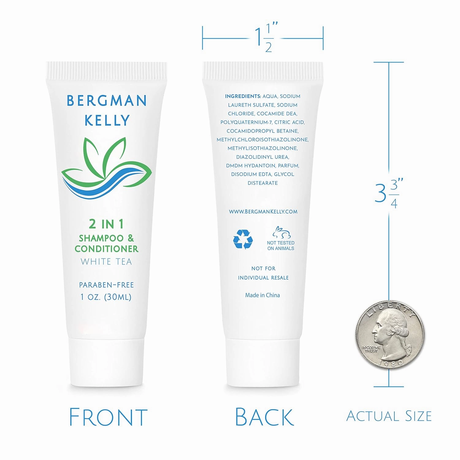BERGMAN KELLY - Travel Size 2 in 1 Shampoo & Conditioner - 1 fl oz, 100 PK, White Tea - Delight Your Guests w/Revitalizing & Refreshing Shampoo Amenities, Quality Small Size Hotel Toiletries in Bulk