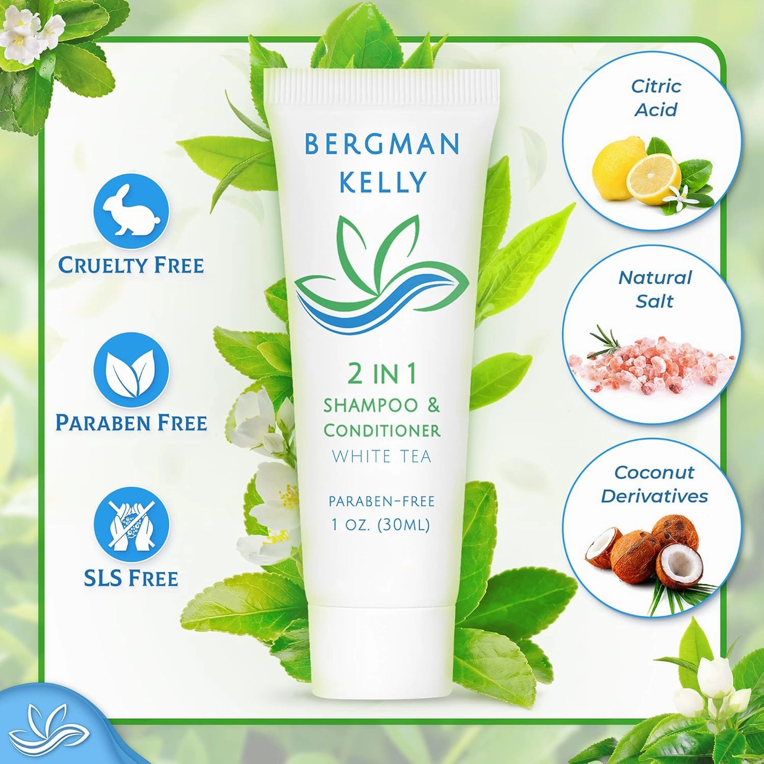 BERGMAN KELLY - Travel Size 2 in 1 Shampoo & Conditioner - 1 fl oz, 100 PK, White Tea - Delight Your Guests w/Revitalizing & Refreshing Shampoo Amenities, Quality Small Size Hotel Toiletries in Bulk
