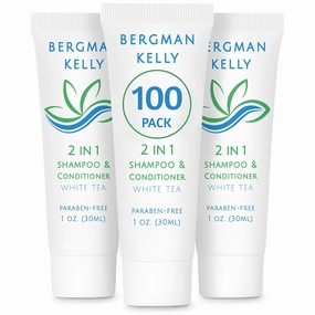 BERGMAN KELLY - Travel Size 2 in 1 Shampoo & Conditioner - 1 fl oz, 100 PK, White Tea - Delight Your Guests w/Revitalizing & Refreshing Shampoo Amenities, Quality Small Size Hotel Toiletries in Bulk