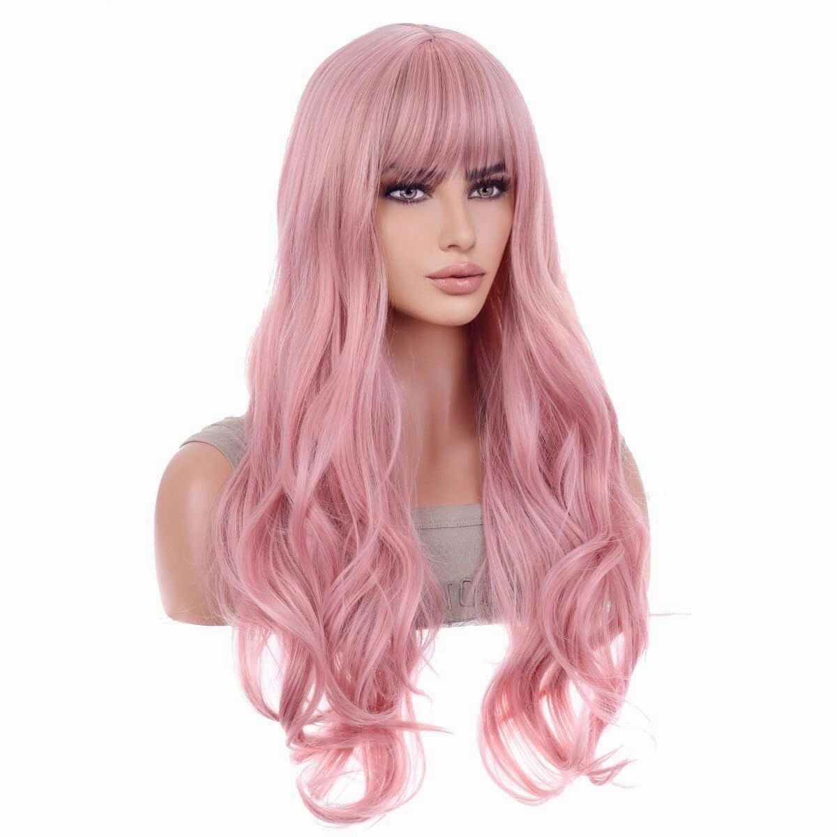 BERON Pink Wig Long Wavy Wig with Bangs Synthetic Wigs Long Pink Wigs for Daily Party with Hairnet