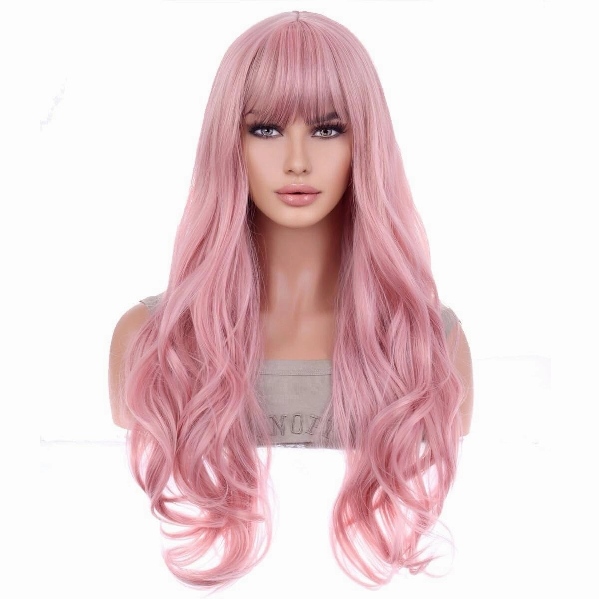 BERON Pink Wig Long Wavy Wig with Bangs Synthetic Wigs Long Pink Wigs for Daily Party with Hairnet