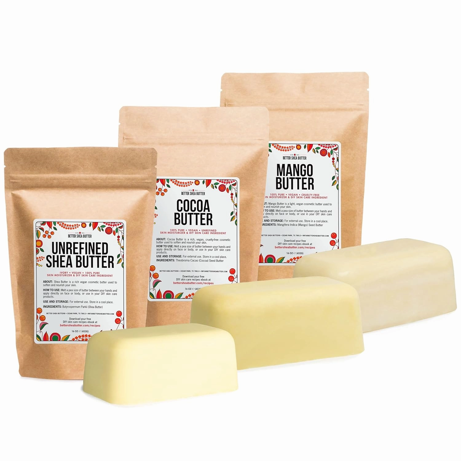 Better Shea Butter Set of Raw Shea Butter, Raw Mango Butter, Unrefined Cocoa Butter For Soap Making and DIY Body Butters, Lip Balms, Body Lotions - Each Butter is 16 oz Making 48 oz Total (3-Pack Set)