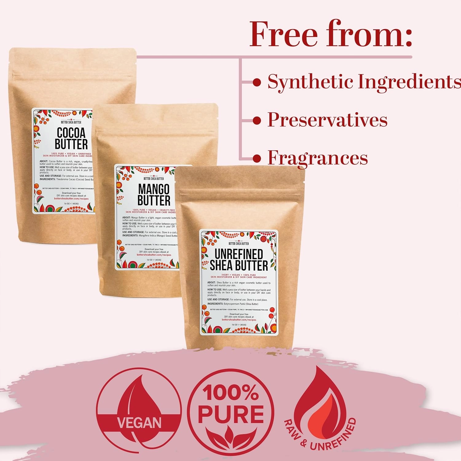 Better Shea Butter Set of Raw Shea Butter, Raw Mango Butter, Unrefined Cocoa Butter For Soap Making and DIY Body Butters, Lip Balms, Body Lotions - Each Butter is 16 oz Making 48 oz Total (3-Pack Set)