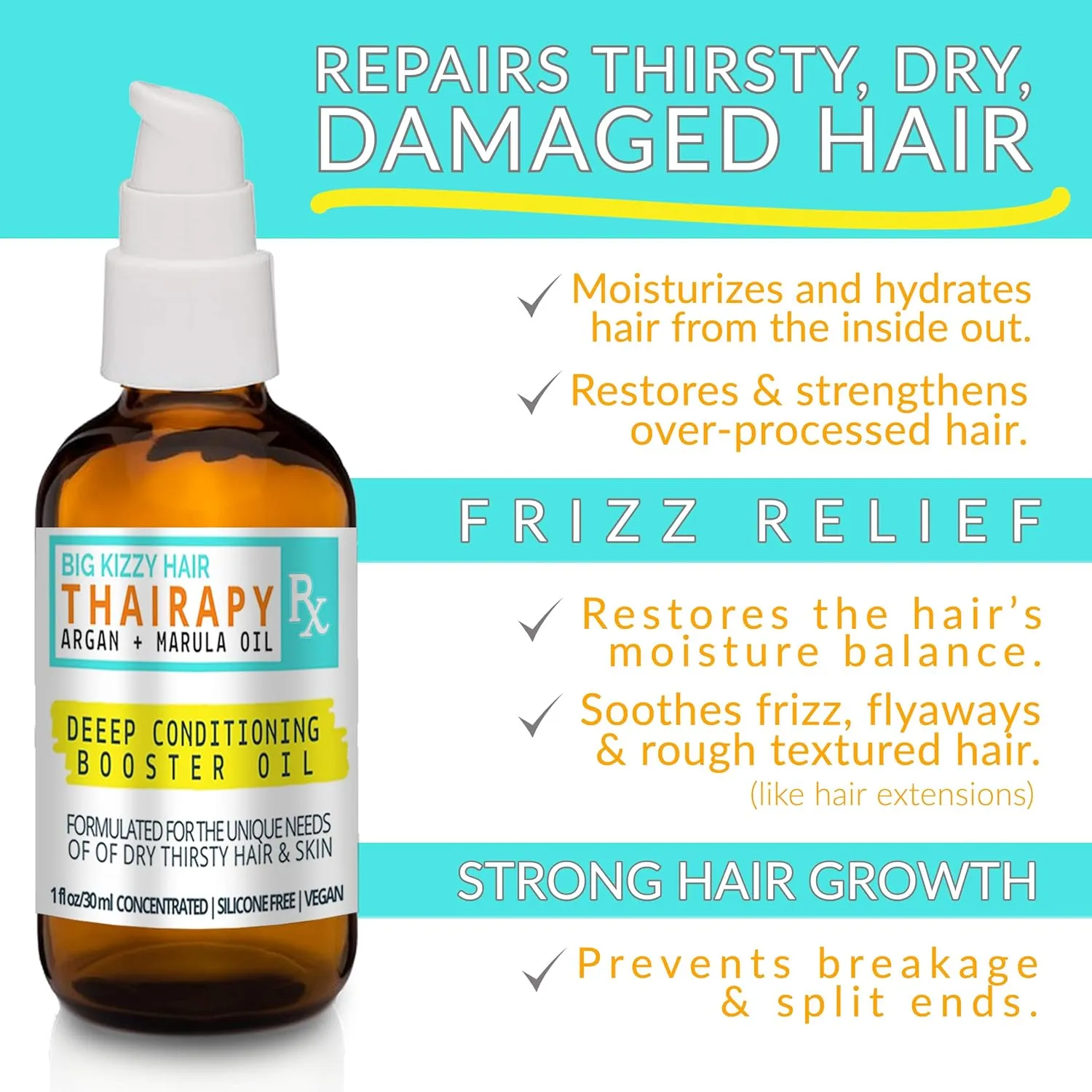 Big Kizzy Thairapy Hair Oil - Ultra Concentrated Serum to Restore & Repair Dry, Frizzy Hair, and Support Healthy Hair Growth. Pure Argan, Marula and Coconut Oil, 1 oz