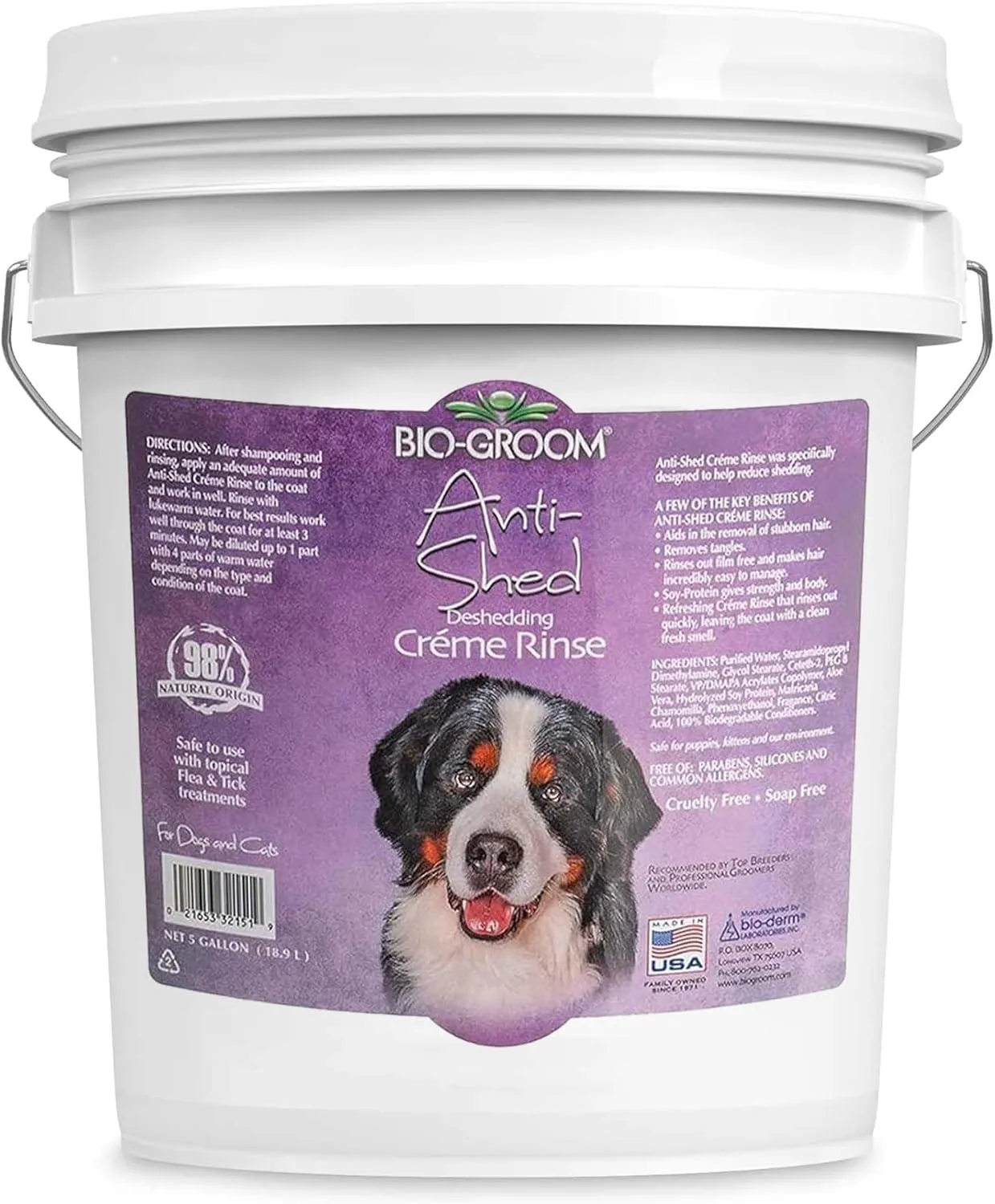 Bio-Groom Anti-Shed Deshedding Dog Conditioner - Odor Eliminating, Anti-Shedding, Dog Bathing Supplies, Puppy Wash, Cat & Dog Grooming Supplies, Cruelty-Free, Made in USA, Dog Products - 5 Gallons