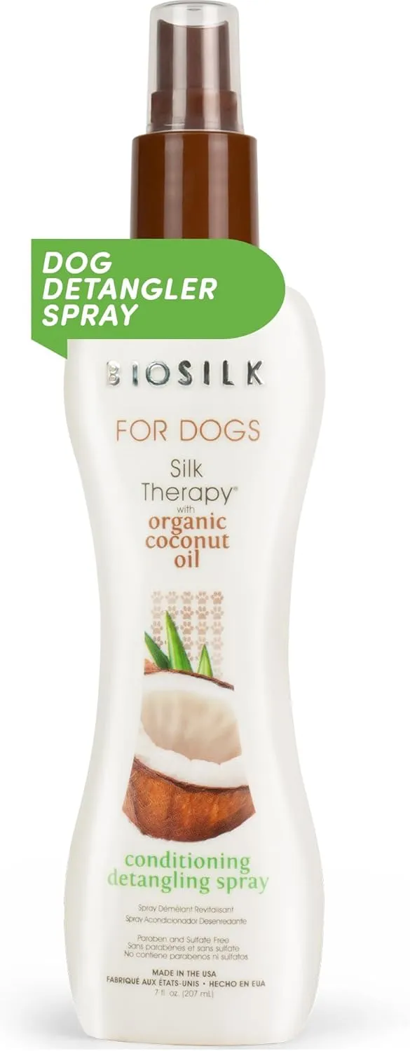 BioSilk Silk Therapy Conditioning Detangling Spray for Dogs with Natural Coconut Oil - Dog Matted Hair Detangler Conditioner for Dogs, Dematting Grooming Supplies, 7 Fl Oz
