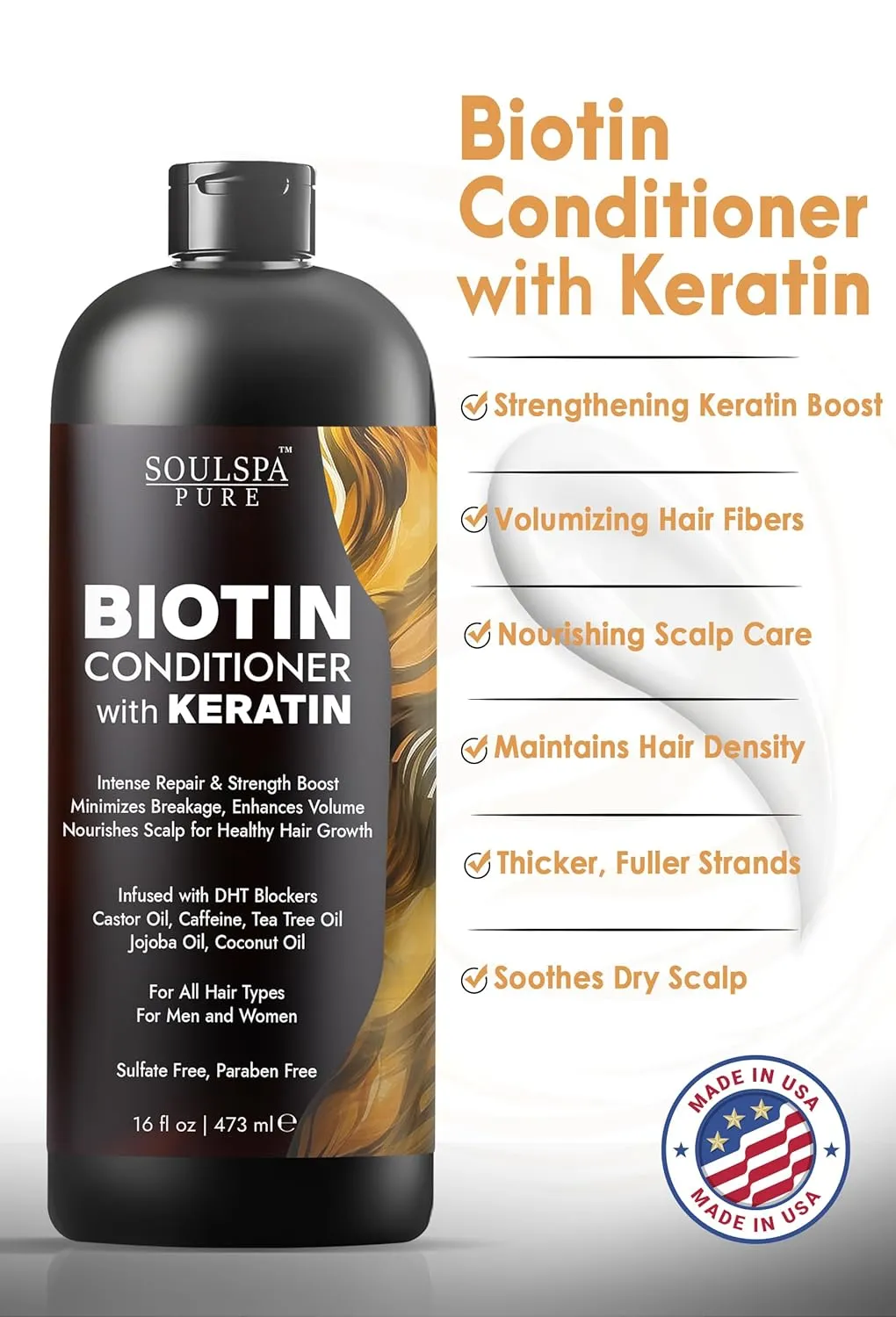 Biotin Conditioner with Keratin - Intense Repair & Strength Boost Formula - Nourishes Scalp for Healthy Hair Growth, with Tea Tree Oil & DHT Blockers, for Men & Women, 16 fl oz