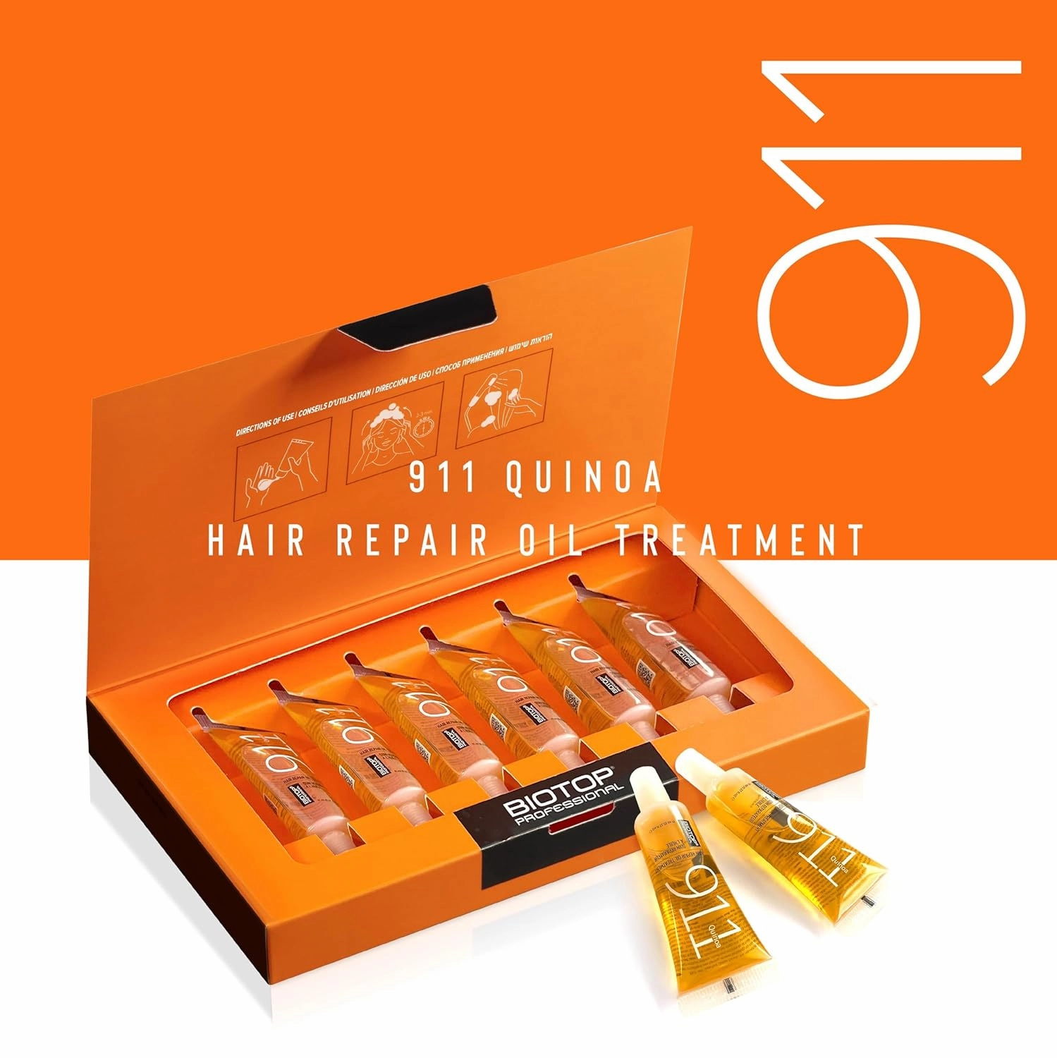 Biotop Professional 911 Quinoa Hair Repair Oil - Heat Protectant   Deep Conditioning Treatment - Ampoules for Damaged, Frizzy Hair (0.37 fl oz/11 ml each, 6 Count)