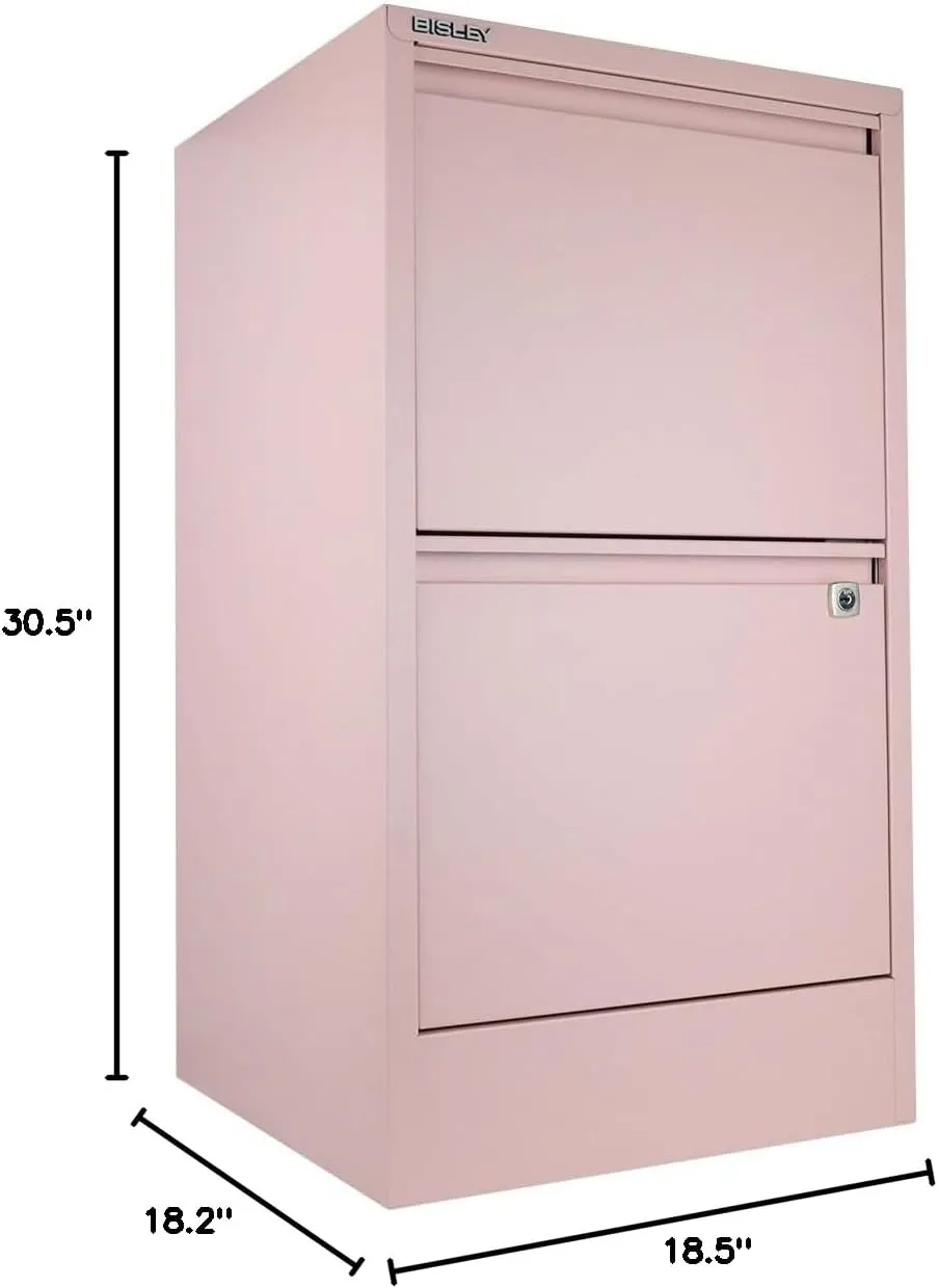 Bisley 2-Drawer Flush Front Vertical File Cabinet - Palest Pink, 2 Hanging File Drawers, Powder-Coated Steel, Locking Drawers