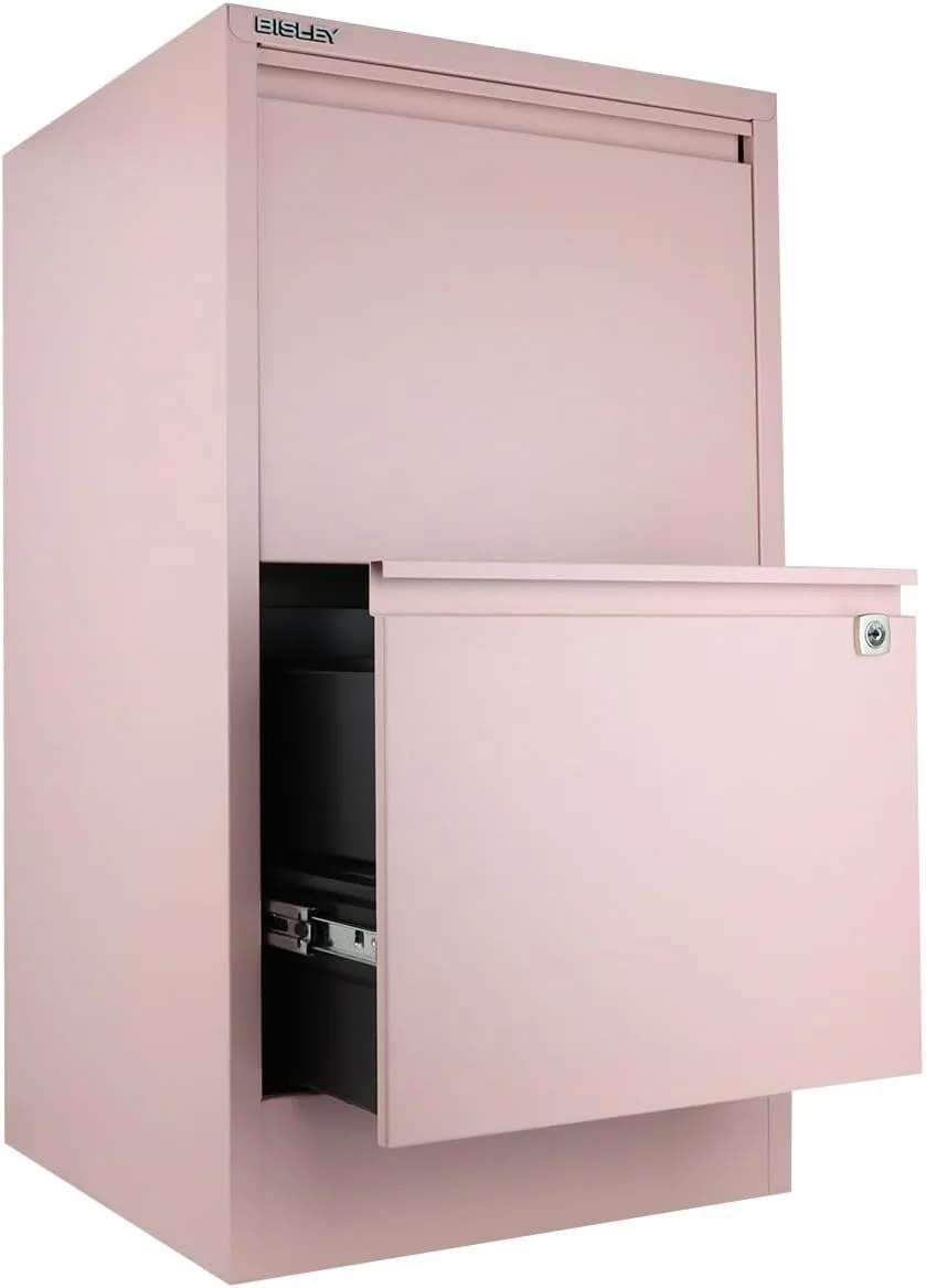 Bisley 2-Drawer Flush Front Vertical File Cabinet - Palest Pink, 2 Hanging File Drawers, Powder-Coated Steel, Locking Drawers