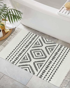 Black Boho Entryway Rug 2X3 Ft Bathroom Mat, Washable Woven Throw Carpet with Tassel, Farmhouse Tribe Ethnic Geometric Stripes Non-Shedding Indoor Outdoor Kitchen Doormats