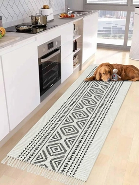 Black Boho Kitchen Hallway Runner Rug 2X5 Ft Carpet, Washable Woven Throw Carpet with Tassel, Farmhouse Tribe Ethnic Geometric Stripes Non-Shedding Entryway Laundry Rugs