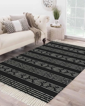 Black Boho Large Runner Rug 4X6 Ft Living Room Area Rug, Washable Woven Throw Carpet with Tassel, Neutral Farmhouse Geometric Striped Aesthetic Non-Shedding Bedroom Office Carpets