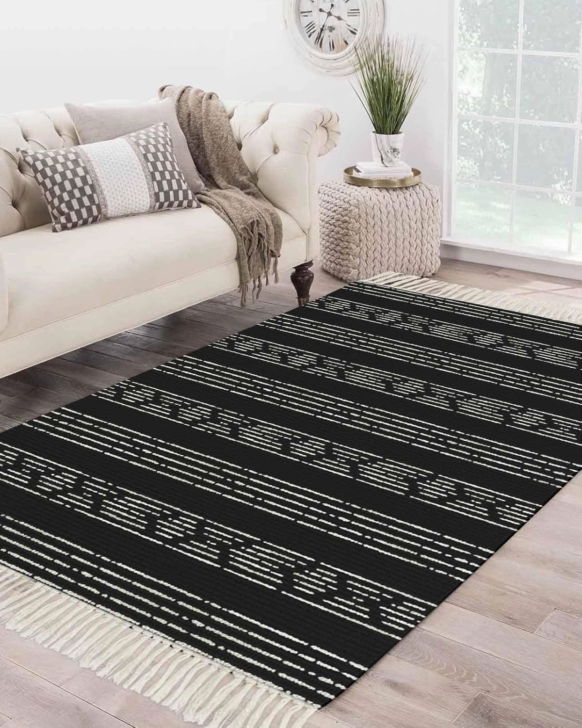 Black Boho Large Runner Rug 4X6 Ft Living Room Area Rug, Washable Woven Throw Carpet with Tassel, Neutral Farmhouse Geometric Striped Aesthetic Non-Shedding Bedroom Office Carpets