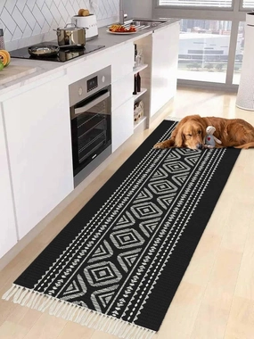 Black Boho Runner Rug 2X4 Ft Entryway Outdoor Indoor Mat, Washable Woven Throw Carpet with Tassel, Vintage Country Tribe Geometric Striped Non-Shedding Hallway Bath Mats