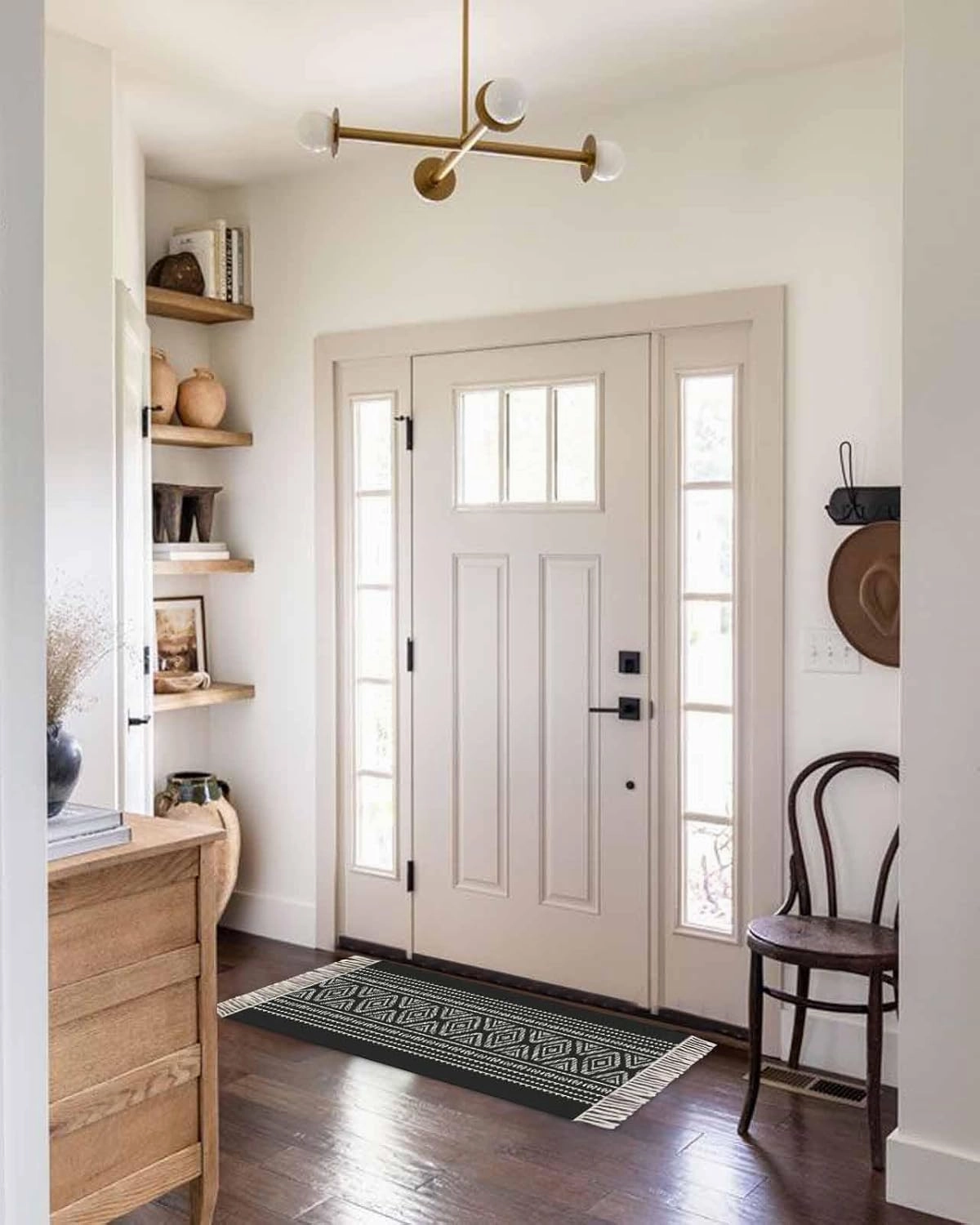 Black Boho Runner Rug 2X4 Ft Entryway Outdoor Indoor Mat, Washable Woven Throw Carpet with Tassel, Vintage Country Tribe Geometric Striped Non-Shedding Hallway Bath Mats