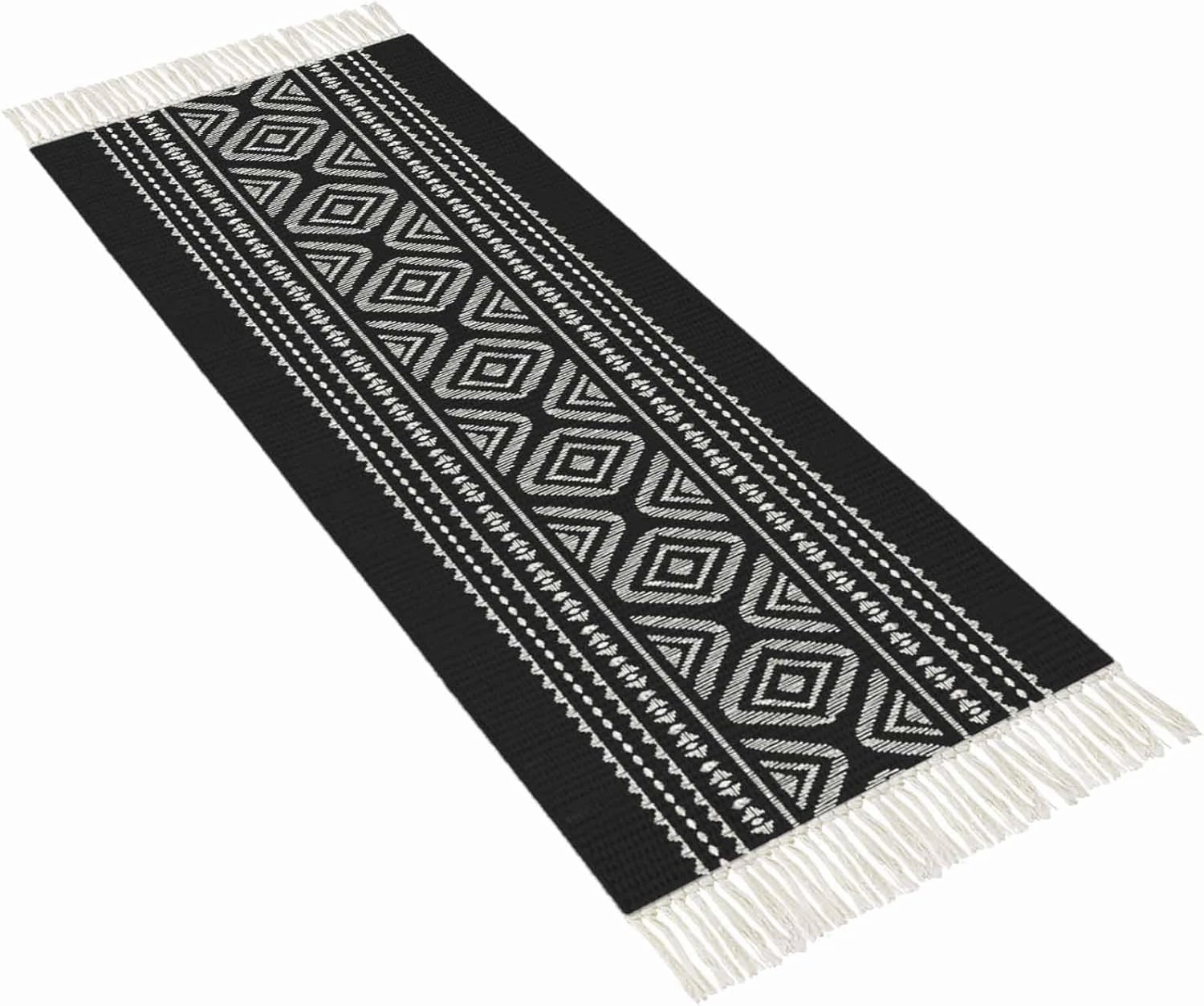 Black Boho Runner Rug 2X4 Ft Entryway Outdoor Indoor Mat, Washable Woven Throw Carpet with Tassel, Vintage Country Tribe Geometric Striped Non-Shedding Hallway Bath Mats