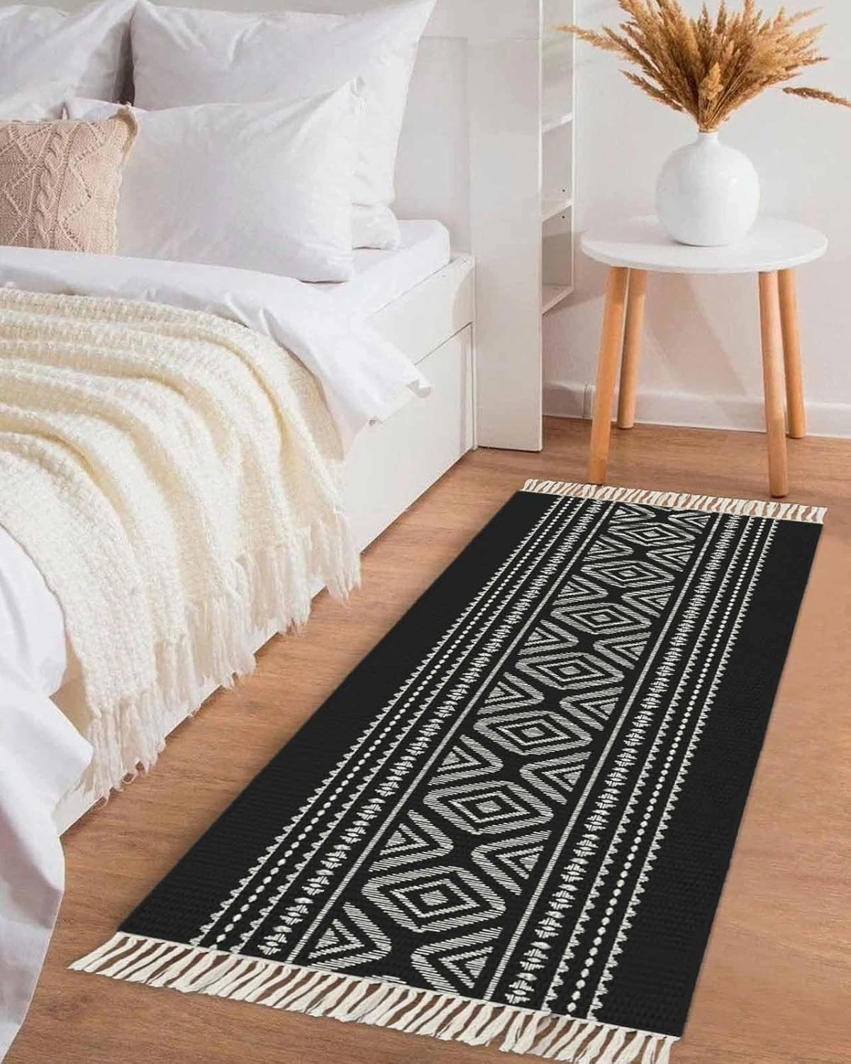 Black Boho Runner Rug 2X4 Ft Entryway Outdoor Indoor Mat, Washable Woven Throw Carpet with Tassel, Vintage Country Tribe Geometric Striped Non-Shedding Hallway Bath Mats