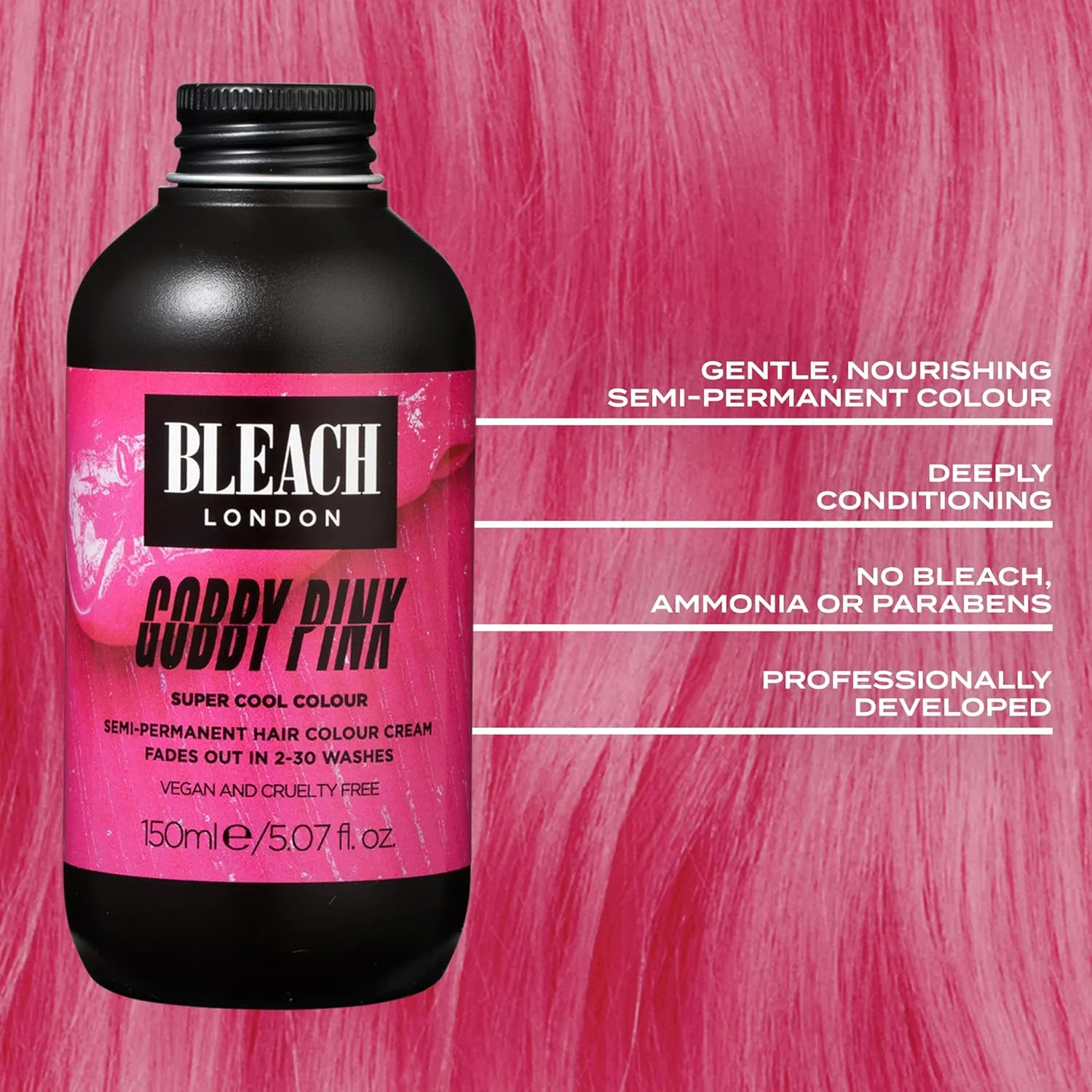Bleach London Gobby Pink Semi-Permanent Hair Colour Cream - Bubblegum Pink, Vegan, Cruelty Free, Vibrant Temporary Dye 150 ml
