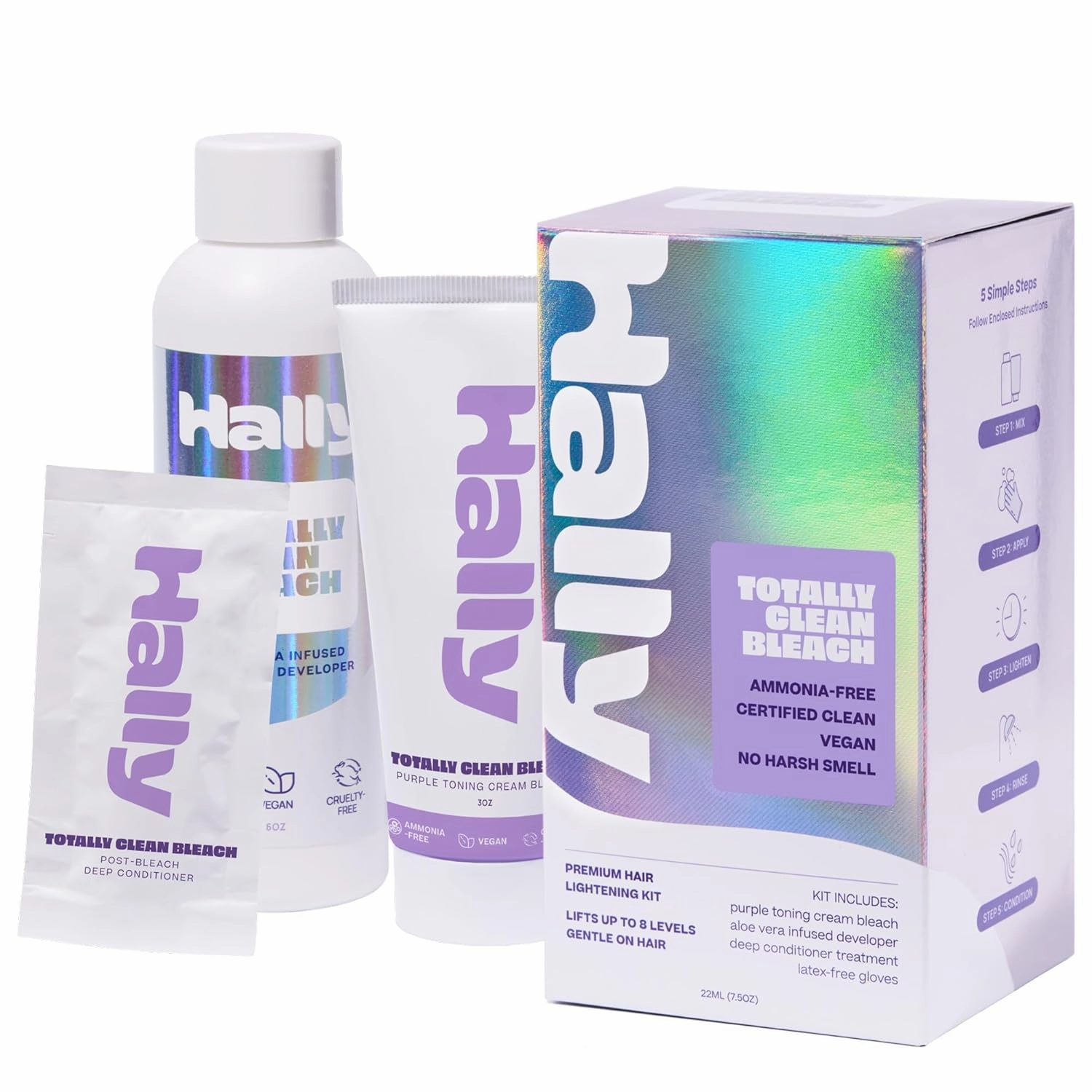 Bleach Kit by Hally Hair, Totally Clean Bleach - Hair Lightener Kit Includes Toning Cream Bleach & Developer & Conditioner - Gentle Nourishing Hair Bleaching Lifts Up to 8 Levels, Vegan & Cruelty Free