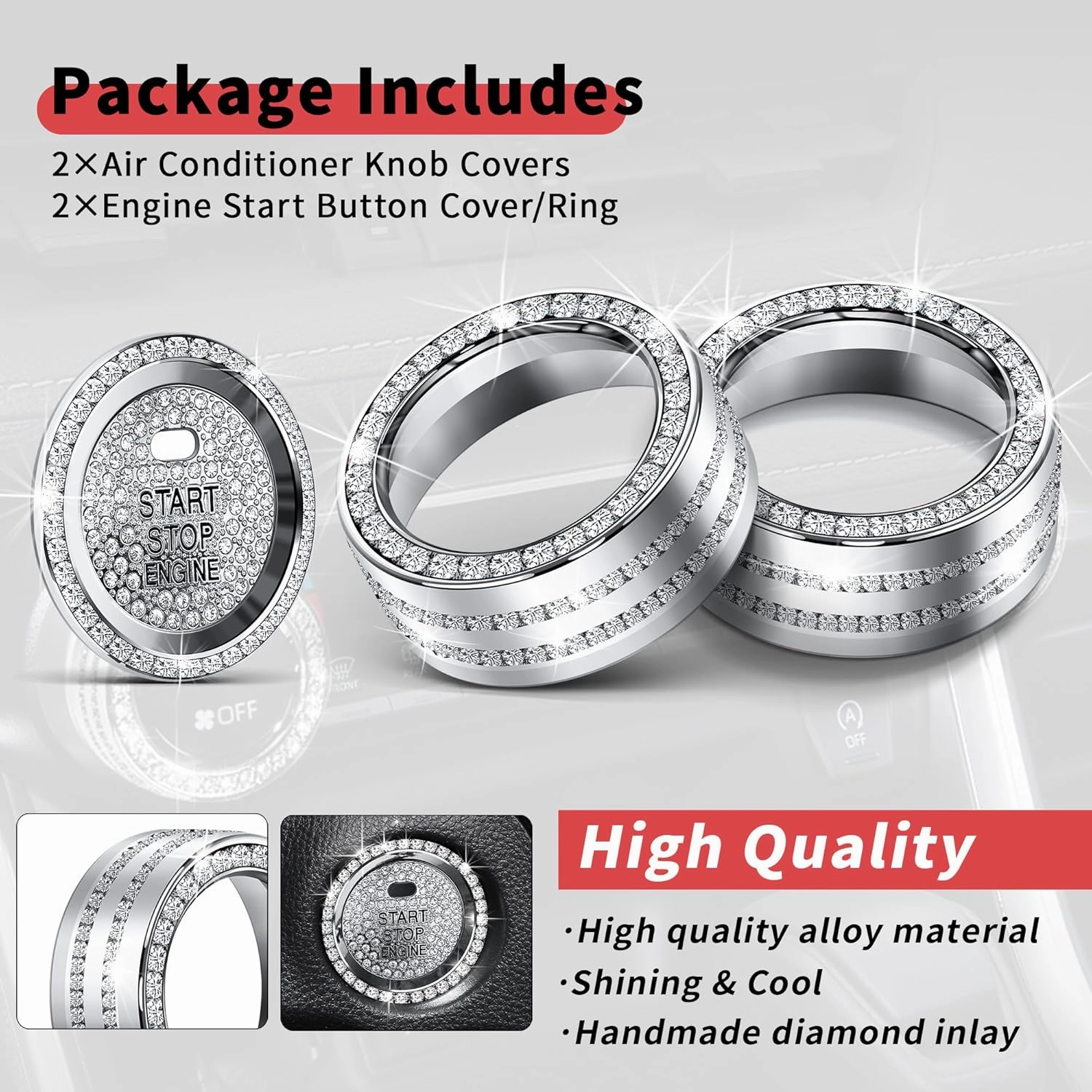Bling Crystal Car Interior Accessories for Toyota Rav4 2025 2024 2023 2022 2021 2020 2019 -Air Conditioning Knob Cover, Push Start Button Trim Ring (4pcs)