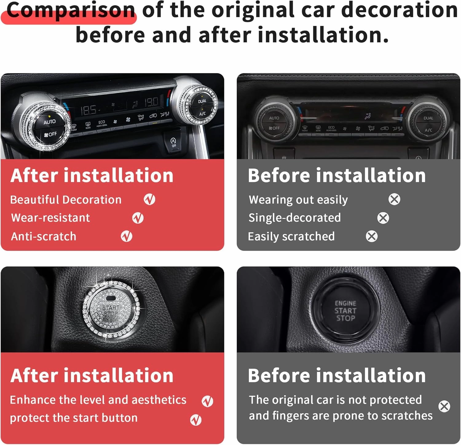 Bling Crystal Car Interior Accessories for Toyota Rav4 2025 2024 2023 2022 2021 2020 2019 -Air Conditioning Knob Cover, Push Start Button Trim Ring (4pcs)