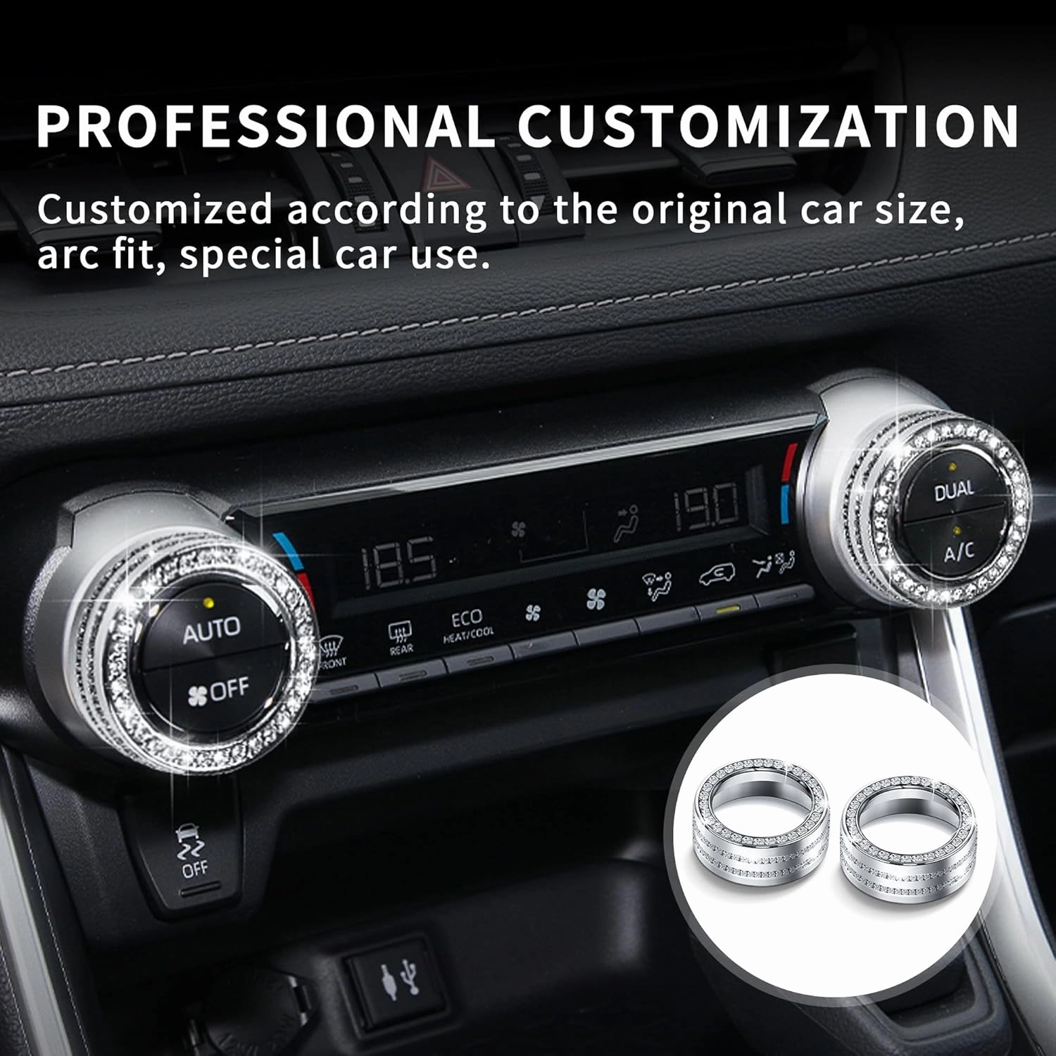 Bling Crystal Car Interior Accessories for Toyota Rav4 2025 2024 2023 2022 2021 2020 2019 -Air Conditioning Knob Cover, Push Start Button Trim Ring (4pcs)