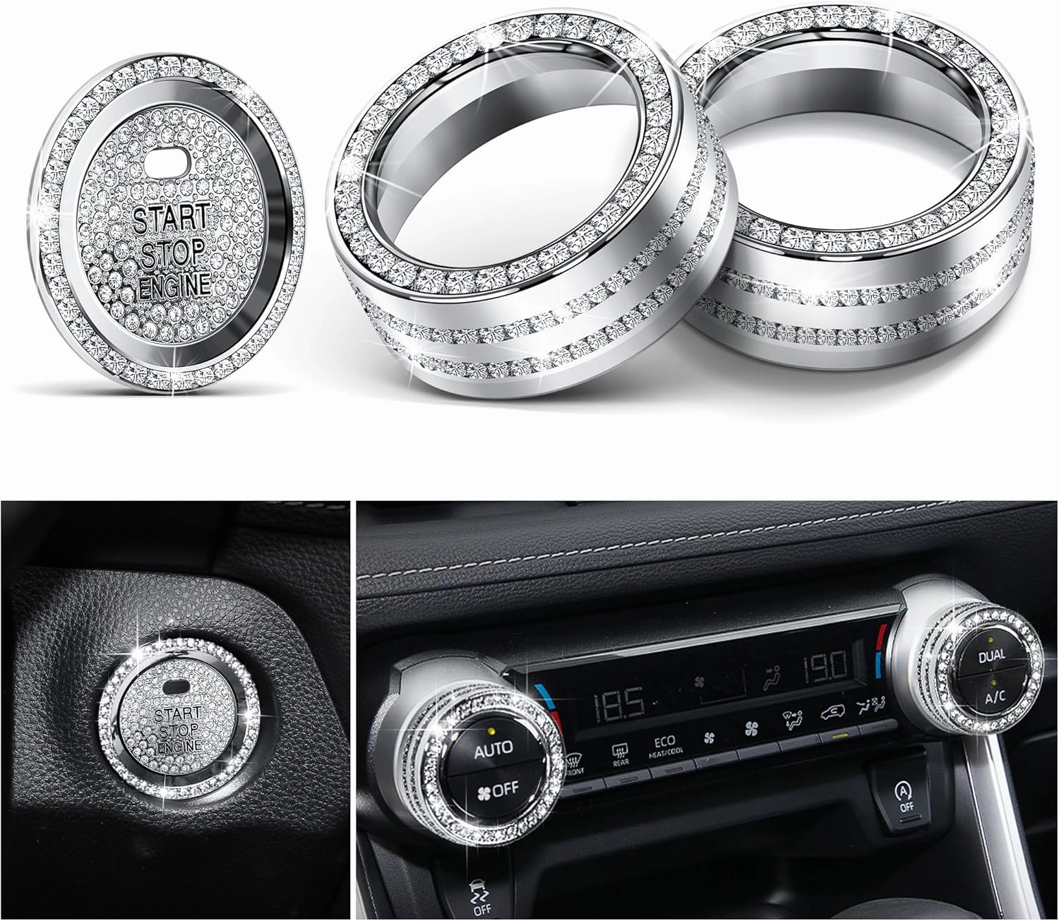 Bling Crystal Car Interior Accessories for Toyota Rav4 2025 2024 2023 2022 2021 2020 2019 -Air Conditioning Knob Cover, Push Start Button Trim Ring (4pcs)