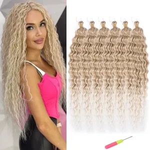 Blonde Ocean Wave Crochet Hair Extensions 30inch Curly Braiding Crochet Hair 6Packs Synthetic Crochet Hair Extensions for Women #18/56c Blond mix Platinum