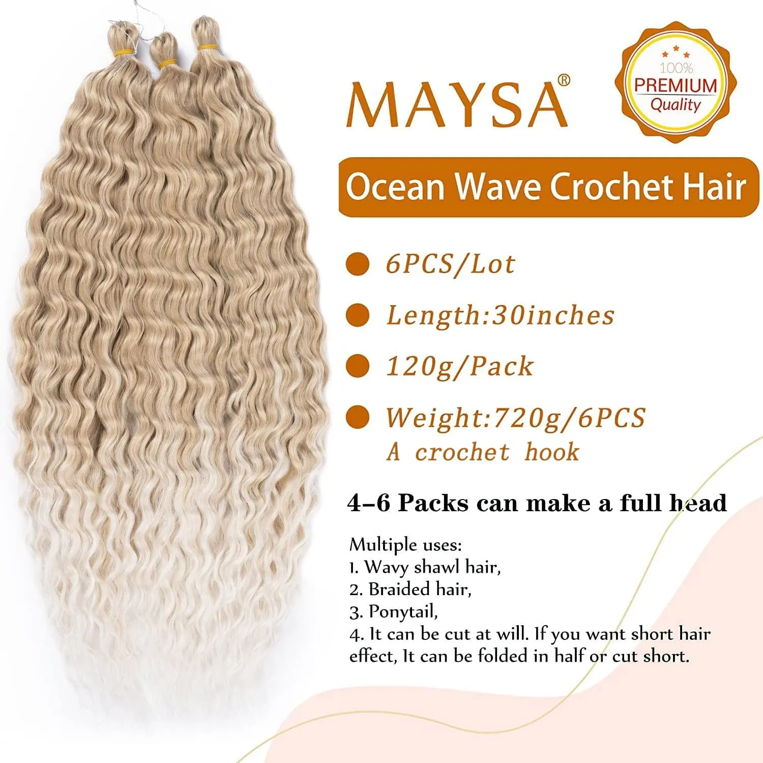 Blonde Ocean Wave Crochet Hair Extensions 30inch Curly Braiding Crochet Hair 6Packs Synthetic Crochet Hair Extensions for Women #18/56c Blond mix Platinum