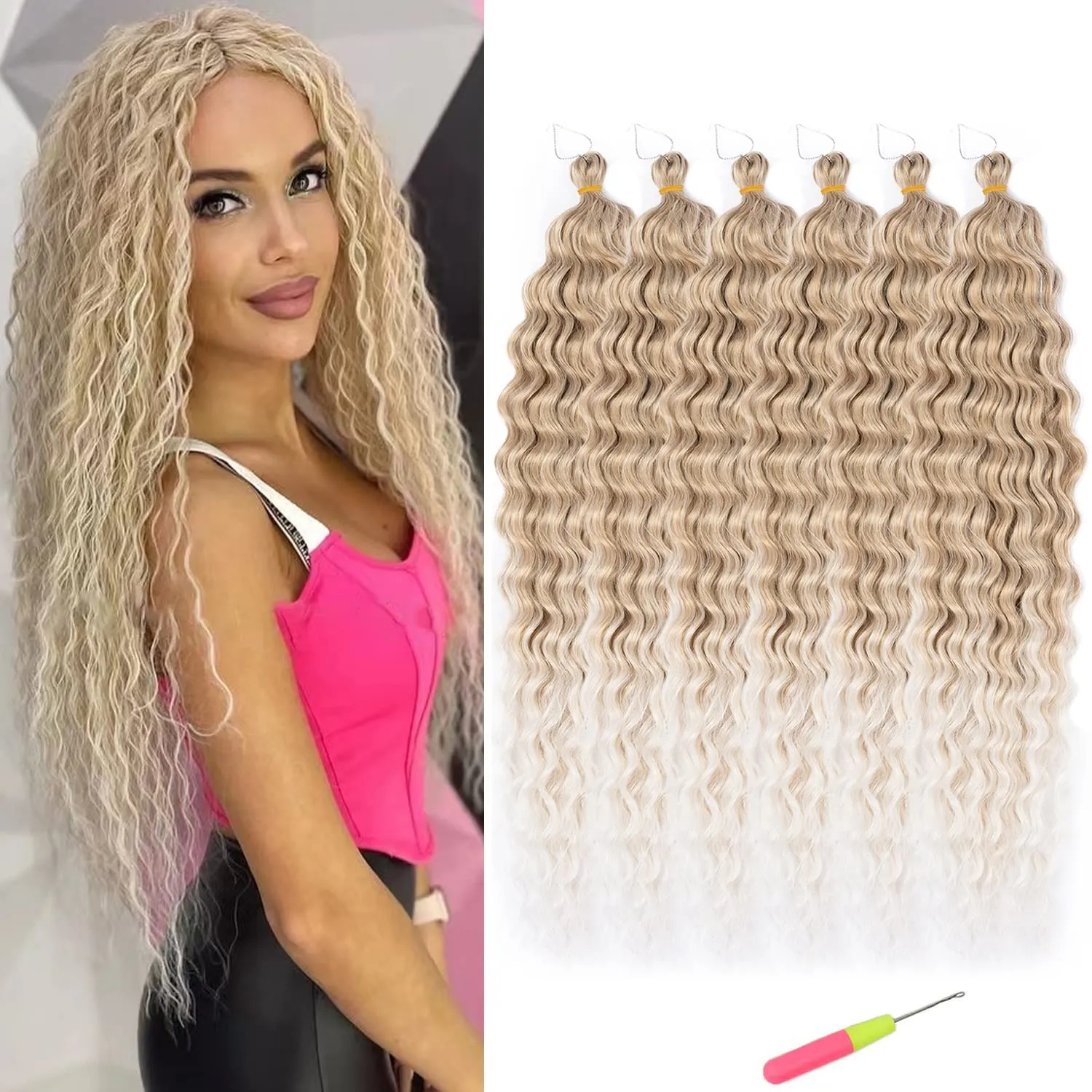 Blonde Ocean Wave Crochet Hair Extensions 30inch Curly Braiding Crochet Hair 6Packs Synthetic Crochet Hair Extensions for Women #18/56c Blond mix Platinum