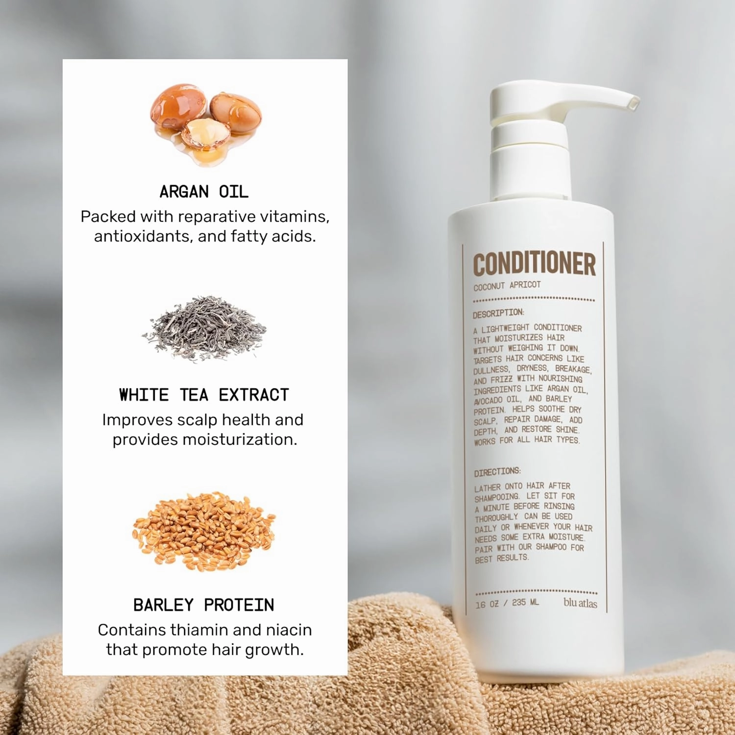 Blu Atlas Men's Natural Conditioner – Organic, Sulfate-Free, Paraben-Free – Deep Moisturizing & Scalp Soothing – Coconut Apricot Scent – Made in America – 16 oz