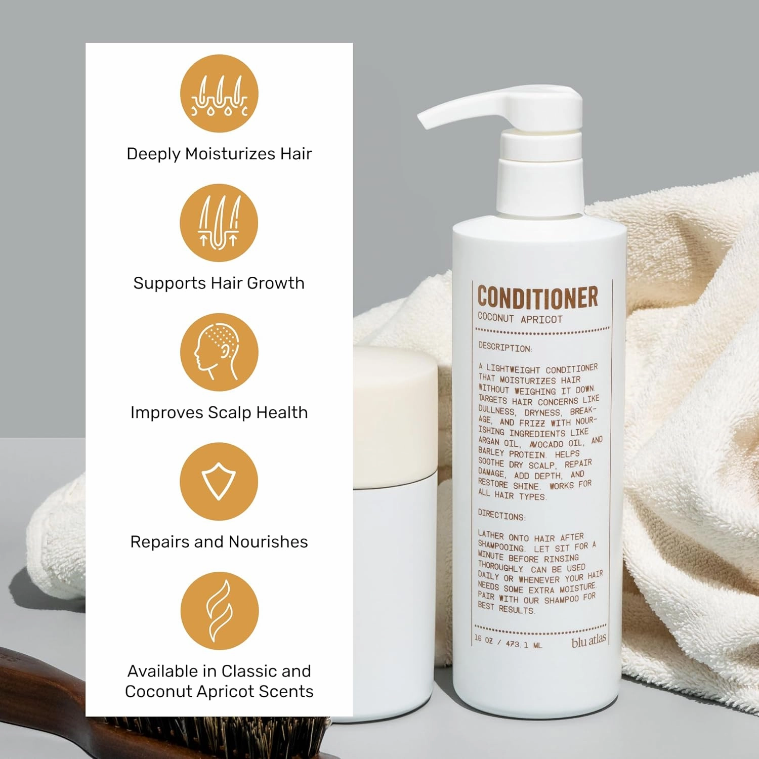 Blu Atlas Men's Natural Conditioner – Organic, Sulfate-Free, Paraben-Free – Deep Moisturizing & Scalp Soothing – Coconut Apricot Scent – Made in America – 16 oz