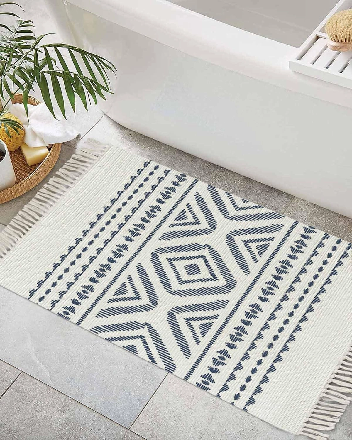 Blue Boho Entryway Rug 2X3 Ft Bathroom Mat, Washable Woven Throw Carpet with Tassel, Bohemian Tribe Country Geometric Stripes Non-Shedding Indoor Outdoor Kitchen Doormats