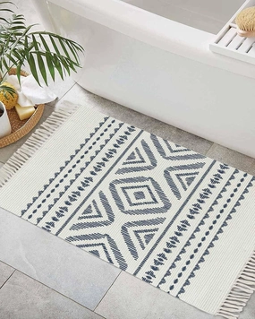 Blue Boho Entryway Rug 2X3 Ft Bathroom Mat, Washable Woven Throw Carpet with Tassel, Bohemian Tribe Country Geometric Stripes Non-Shedding Indoor Outdoor Kitchen Doormats