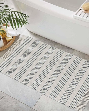 Blue Boho Entryway Rug 2X3 Ft Bathroom Mat, Washable Woven Throw Carpet with Tassel, Natural Country Bohemian Tribal Striped Non-Shedding Indoor Outdoor Kitchen Doormats