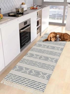 Blue Boho Hallway Runner Rug 2X6 Ft Kitchen Carpet, Washable Woven Throw Carpet with Tassel, Natural Country Bohemian Tribal Striped Non-Shedding Bedroom Laundry Rugs