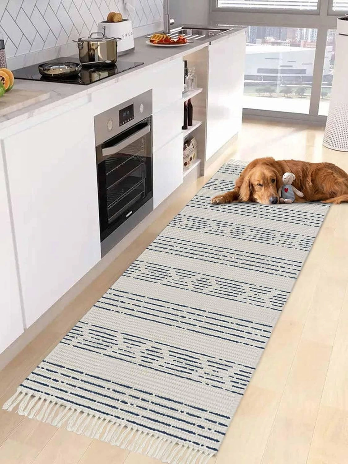 Blue Boho Kitchen Hallway Runner Rug 2X5 Ft Carpet, Washable Woven Throw Carpet with Tassel, Natural Country Bohemian Tribal Striped Non-Shedding Entryway Laundry Rugs