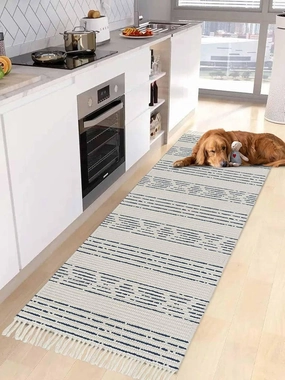 Blue Boho Kitchen Hallway Runner Rug 2X5 Ft Carpet, Washable Woven Throw Carpet with Tassel, Natural Country Bohemian Tribal Striped Non-Shedding Entryway Laundry Rugs