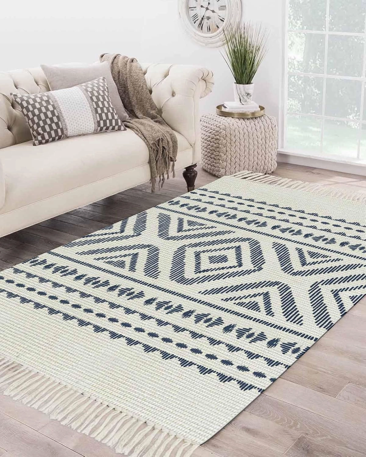 Blue Boho Large Runner Rug 4X6 Ft Living Room Area Rug, Washable Woven Throw Carpet with Tassel, Bohemian Tribe Country Geometric Stripes Non-Shedding Bedroom Office Carpets